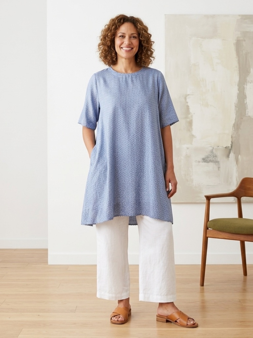 Péro Light Blue Printed Tunic Dress Top Logenlok and boho 100% Silk size L 10 42